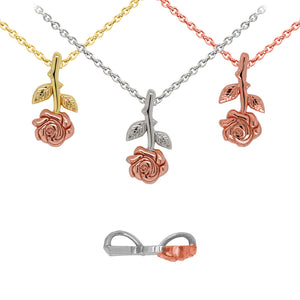 Wind & Fire Rose Necklaces in three variants hanging stem-up with side view of reversible hidden bails