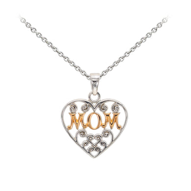 Mom Filigree Heart Two-Tone Sterling Silver Dainty Necklace
